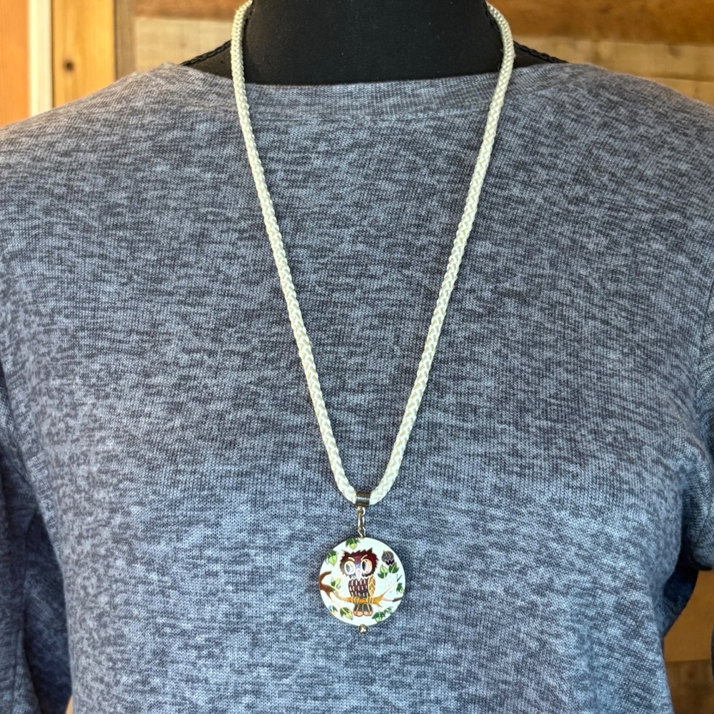 Vintage Cloisinné Owl Pendant Necklace Cream Braided Rope Cord Barrel Clasp